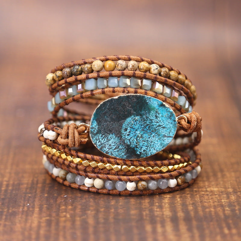 Natural Agate Stone Bead Bracelet - Handmade Gemstone Jewelry front view