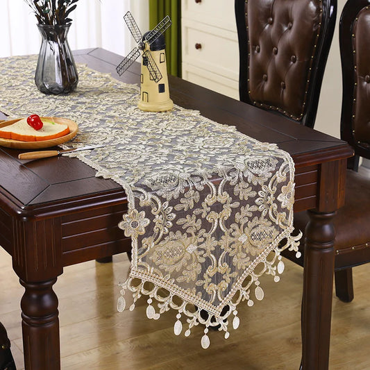 European Luxury Lace Embroidery Pendant Table Runner Home Villa Desk TV Closet Piano Cover Living Room Study Party Wedding Decor Champagne gold front view