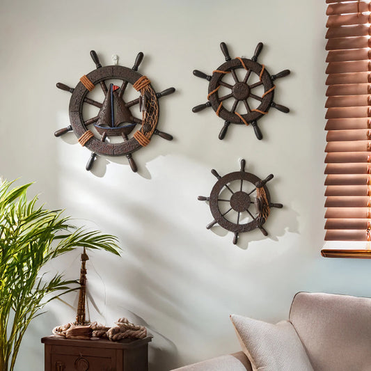 Rustic Nautical Wall Decor - Anchor & Ship Wheel with Rope front view