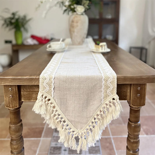 Versatile Table Runner Crochet Macrame Lace Tassels Beige Farmhouse Table Cloth for Dining Room Wedding Handmade Table Decor front view