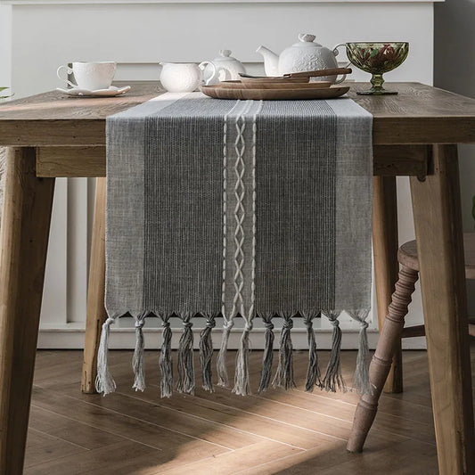 Nordic Geometric Table Runner with Tassels - Jacquard Woven Tablecloth front view