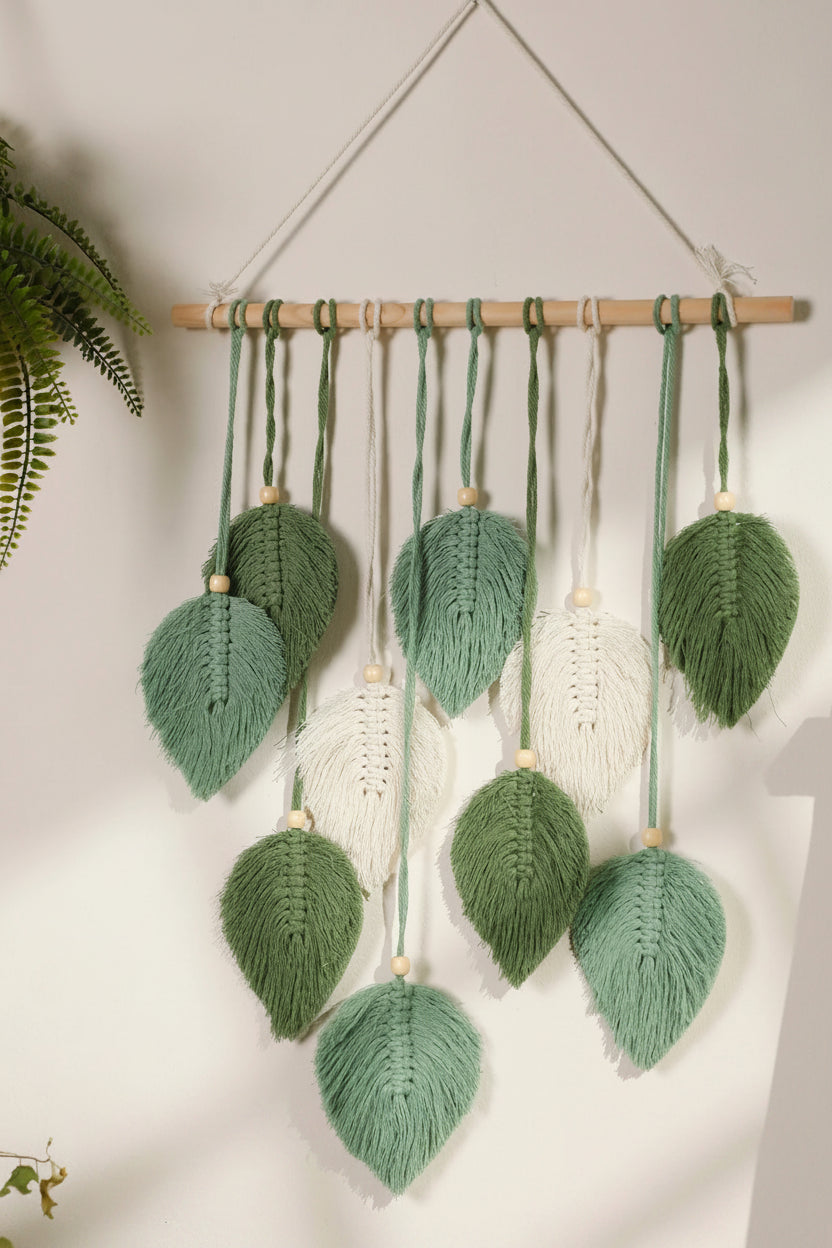 Handmade Leaf Macrame Wall Tapestry - Boho Wall Hanging detail view