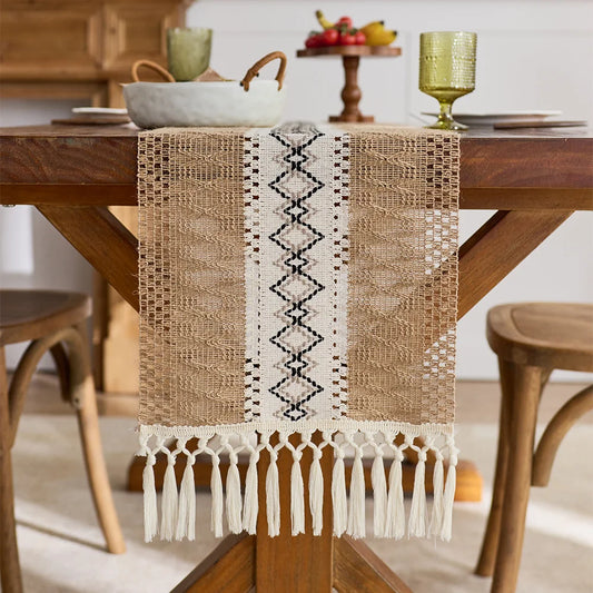 1pc Boho Table Runner for Home Decor with Tassels Long Farmhouse Rustic Brown Macrame Burlap Table Decoration for Living R front view