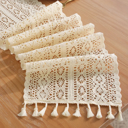 Boho Beige Table Runner, Vintage Farmhouse Bohemian Crochet Macrame Table Runner for Wedding Party Coffee Dining Table Decor front view