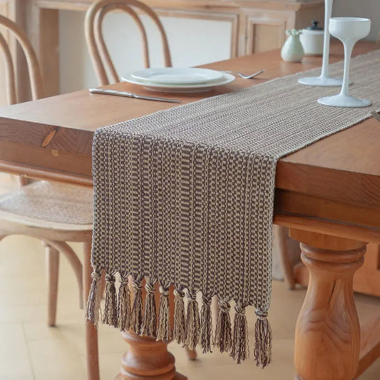 Luxury Striped Table Runner with Tassels - Anti-Scratch front view